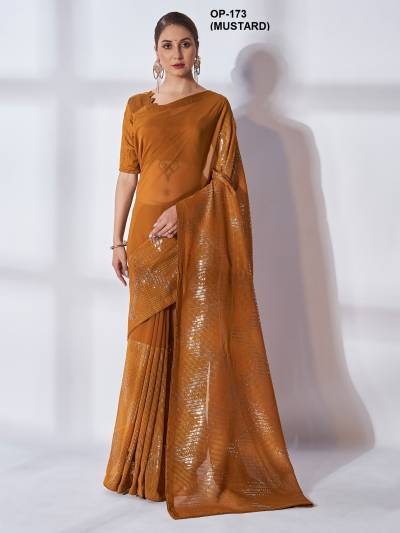 D.NO. OP 173 MUSTARD BY LAXMINAM GEORGETTESAREE WHOLESALER IN INDIA